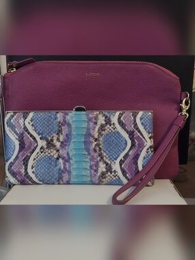 Lodis Purple Leather Wristlet with Blue and Violet Snake-Print Wallet Clutch